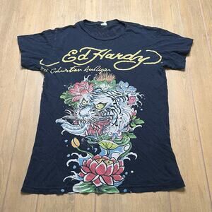 Vintage Y2K ED HARDY Christina Aguilera All Over Print Tiger T Shirt Size M / L